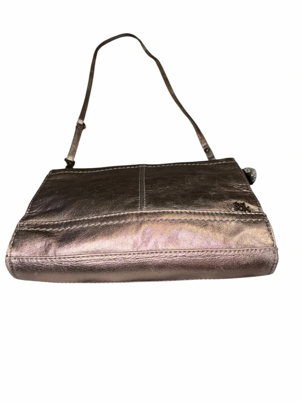 EUC The Sak Metallic Silver Leather Crossbody Bag Neutral Wardrobe Staple